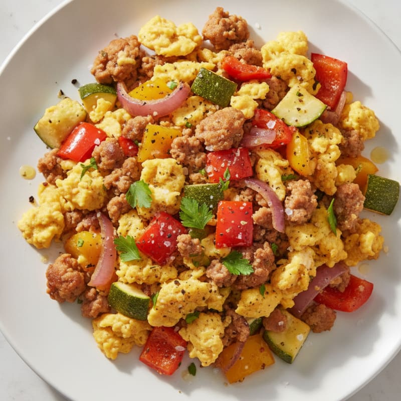 Hearty Scrambled Eggs with Roasted Vegetables