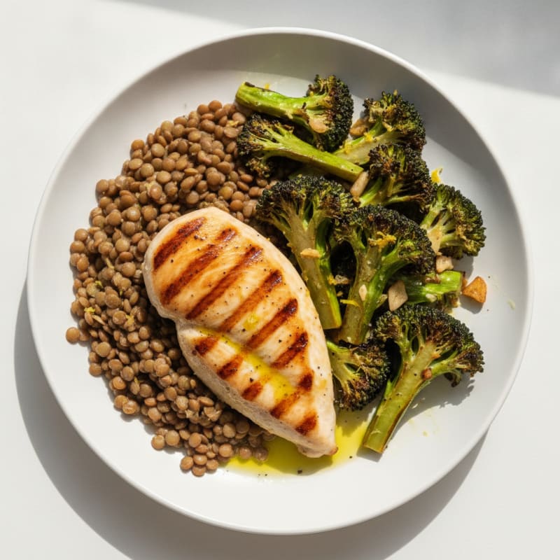 Grilled Chicken Breast with Lentils and Roasted Broccoli