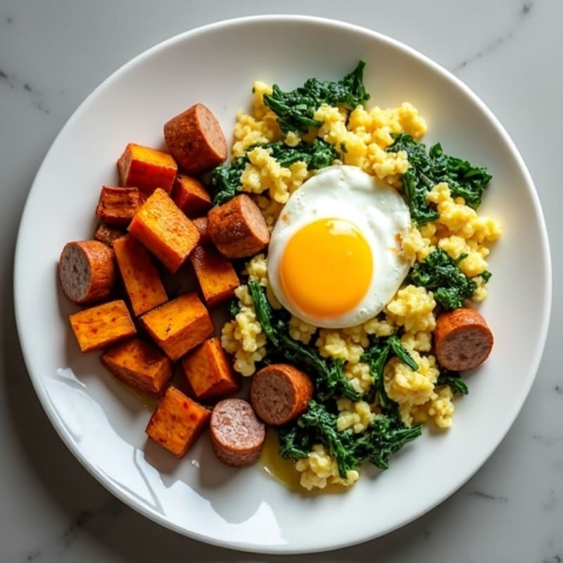 Egg White Spinach Scramble with Turkey Sausage and Roasted Sweet Potatoes
