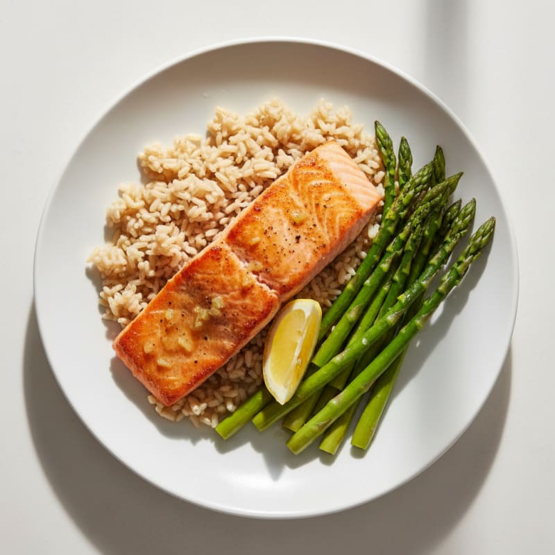 Seared Salmon with Steamed Asparagus and Brown Rice