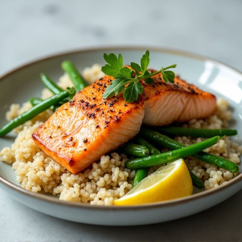 Pan-Seared Salmon with Lemon-Garlic Green Beans and Quinoa