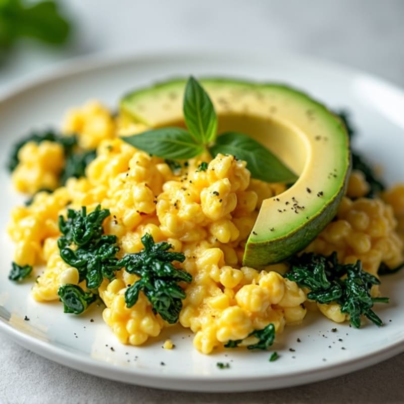 Scrambled Eggs with Cottage Cheese and Sautéed Spinach