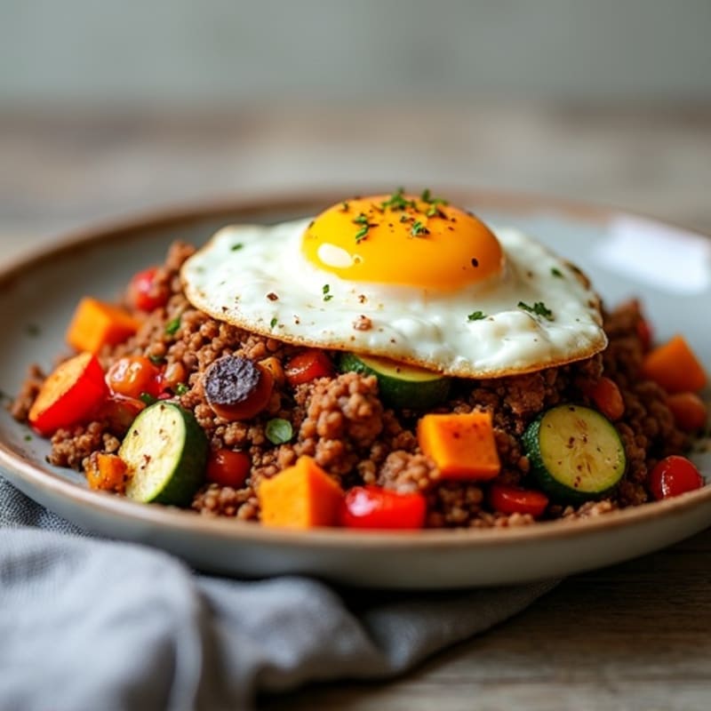 Spiced Ground Beef Sweet Potato Hash with Roasted Vegetables