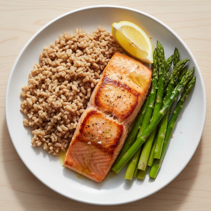 Seared Salmon Fillet with Steamed Asparagus and Brown Rice