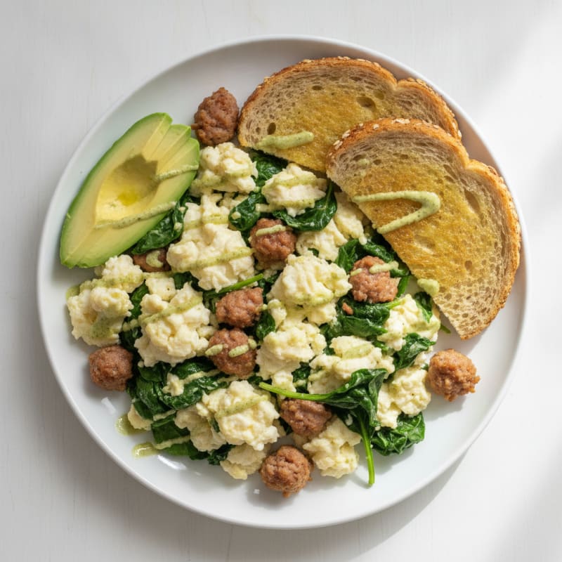 Egg White Spinach Scramble with Turkey Sausage