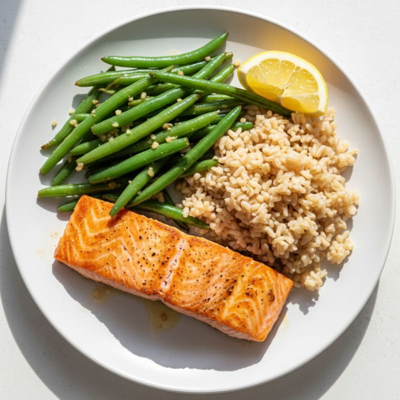 Seared Salmon with Garlic Green Beans and Brown Rice