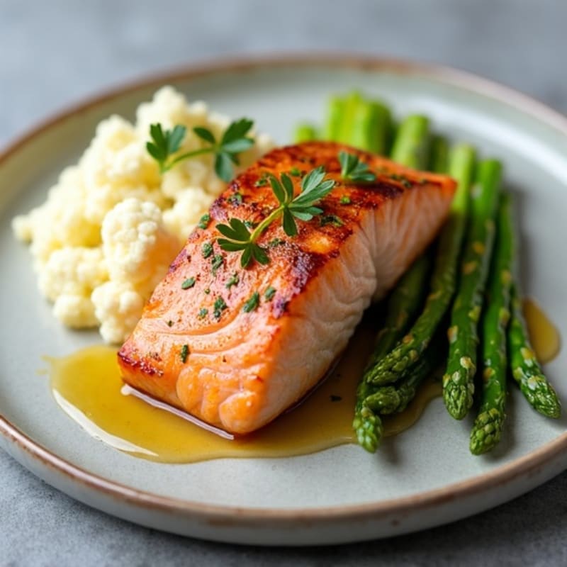 Seared Salmon Fillet with Steamed Asparagus and Garlic Mashed Cauliflower