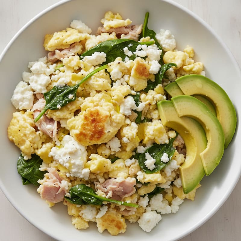 Cottage Cheese Egg Scramble with Spinach and Smoked Turkey