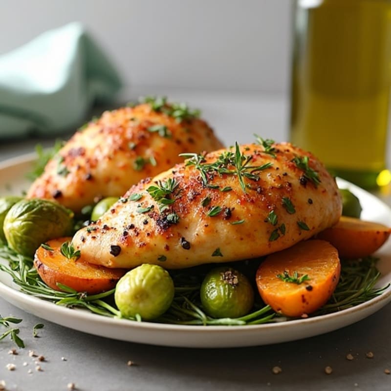 Herb-Roasted Chicken with Crispy Brussels Sprouts and Sweet Potato