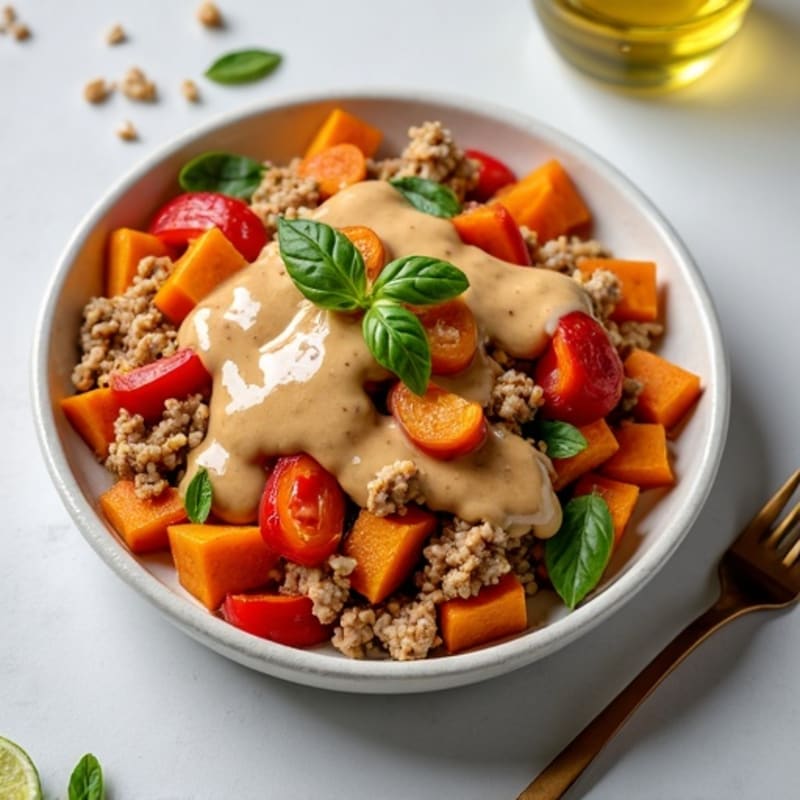 Ground Turkey and Bell Pepper Skillet with Sweet Potatoes and Creamy Peanut Dressing