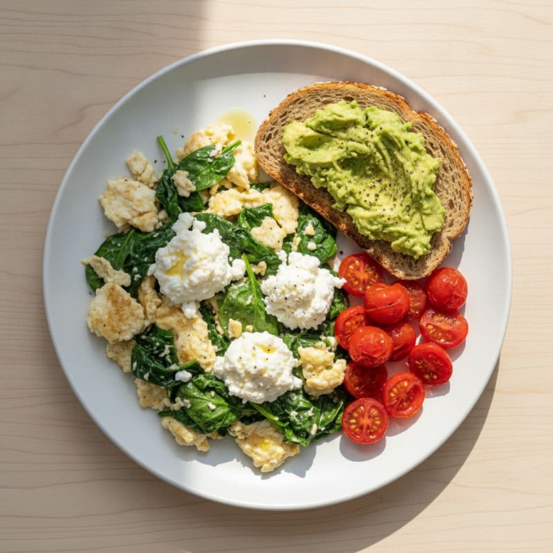 Egg White and Spinach Scramble with Cottage Cheese and Cherry Tomatoes