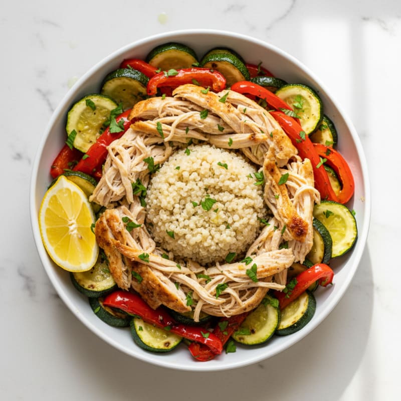 Shredded Chicken Quinoa Bowl with Roasted Vegetables