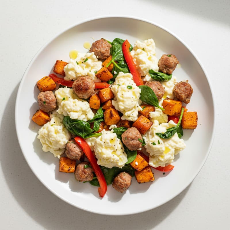 Egg White and Turkey Sausage Scramble with Roasted Sweet Potato