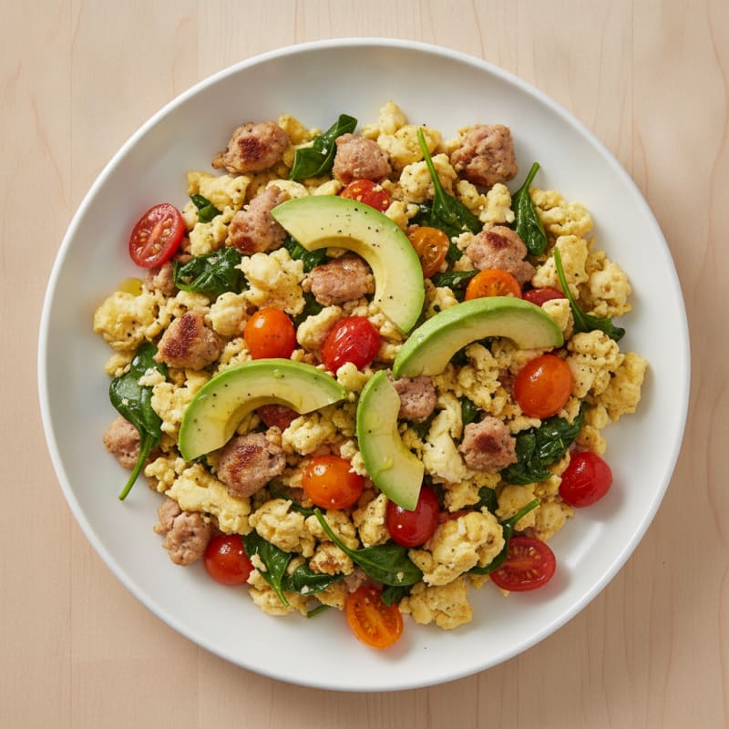 Egg White and Turkey Sausage Scramble with Spinach and Tomatoes