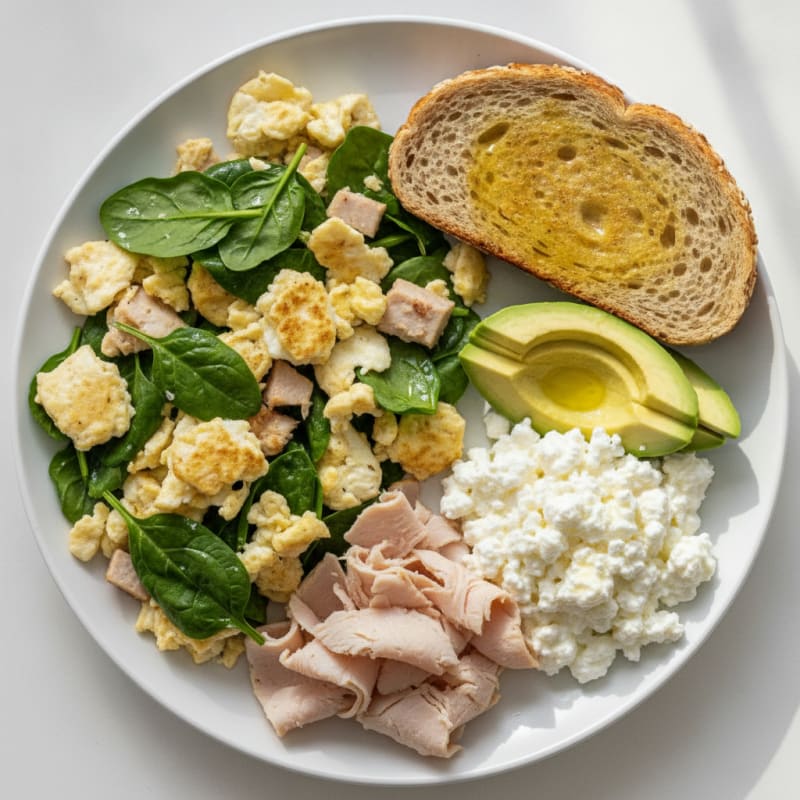 Egg White and Spinach Scramble with Cottage Cheese and Sliced Turkey