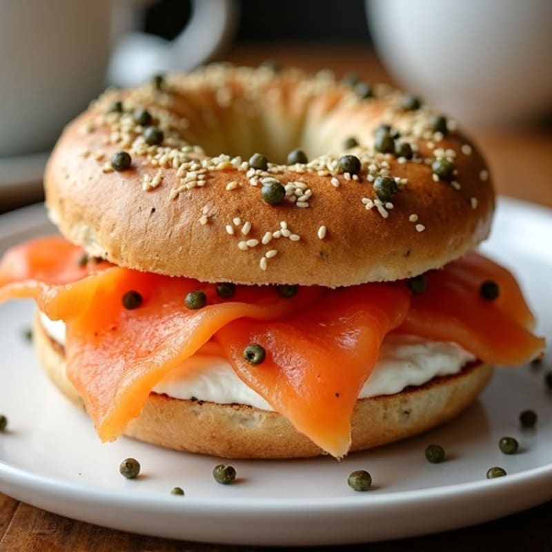 Open-Face Smoked Salmon with Herbed Cream Cheese on Toasted Everything Bagel