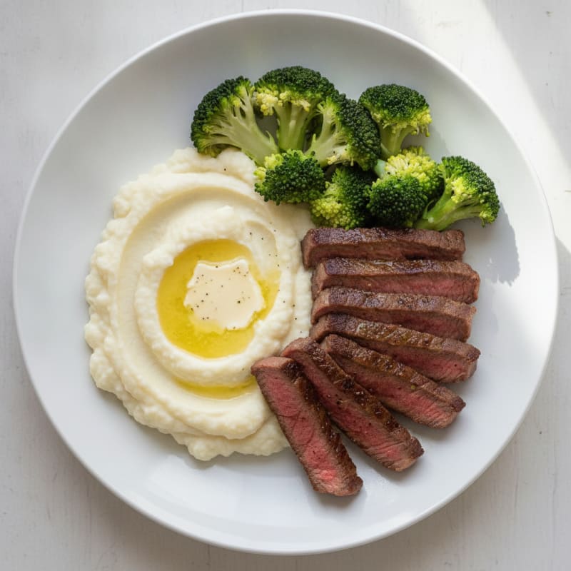 Seared Lean Beef Strips with Steamed Broccoli and Cauliflower Mash