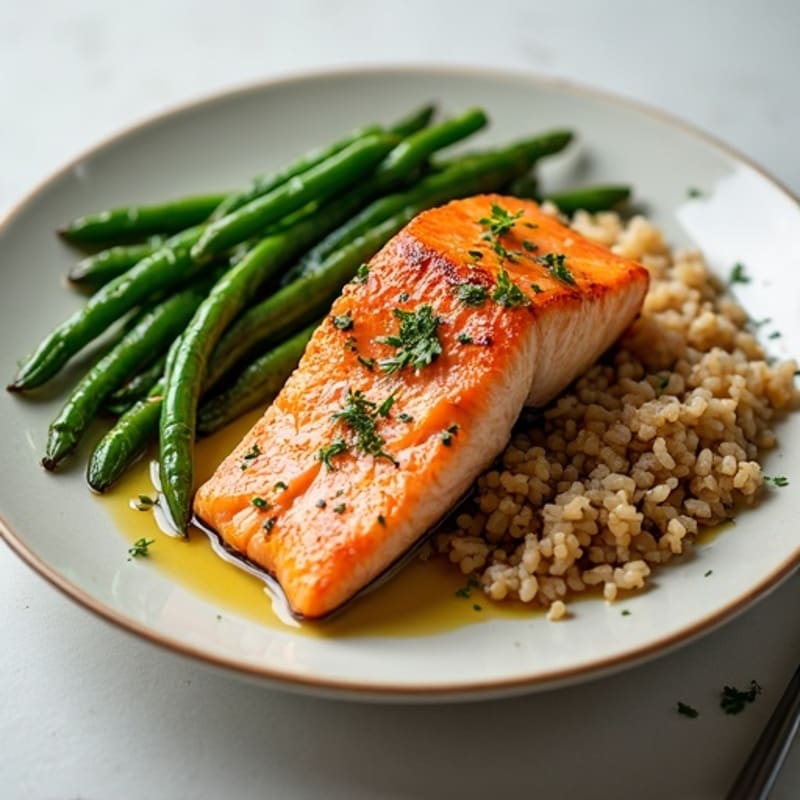 Seared Salmon with Garlic Green Beans and Steamed Brown Rice