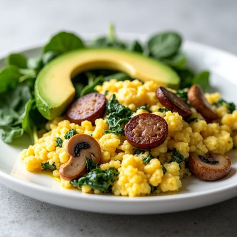 Egg White and Turkey Sausage Scramble with Spinach and Mushrooms
