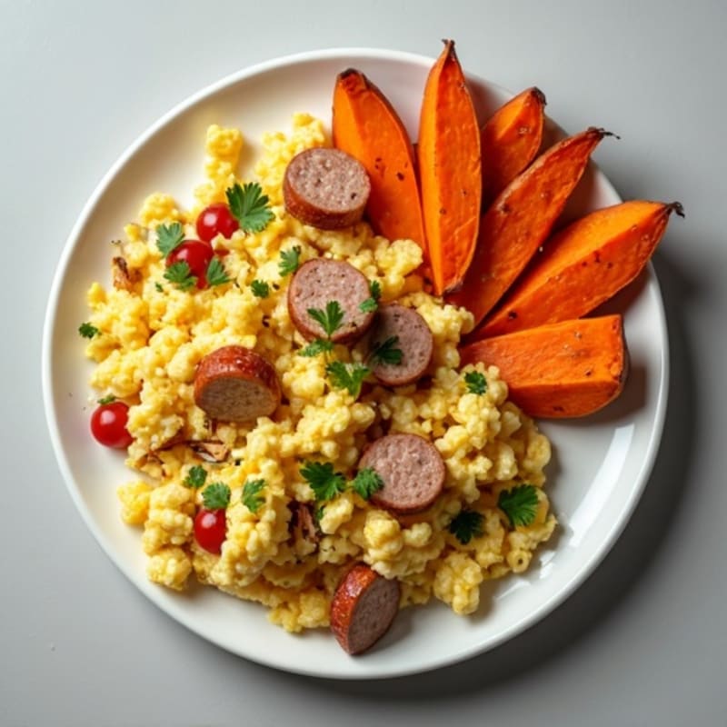 Egg White and Turkey Sausage Scramble with Roasted Sweet Potatoes