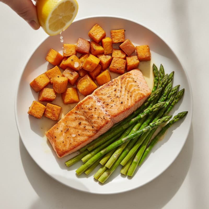 Seared Salmon with Roasted Sweet Potatoes and Asparagus
