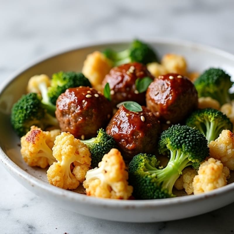Beef Teriyaki Meatballs with Roasted Broccoli and Cauliflower