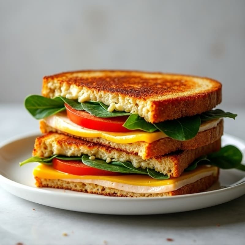 Crispy Whole Wheat Triple-Decker Grilled Cheese with Spinach and Tomato