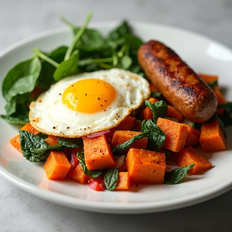 Crispy Turkey Sausage and Spinach Egg Scramble with Sweet Potato Hash