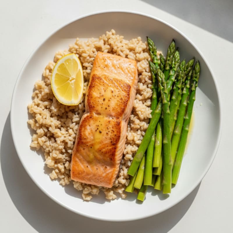 Seared Salmon with Steamed Asparagus and Brown Rice