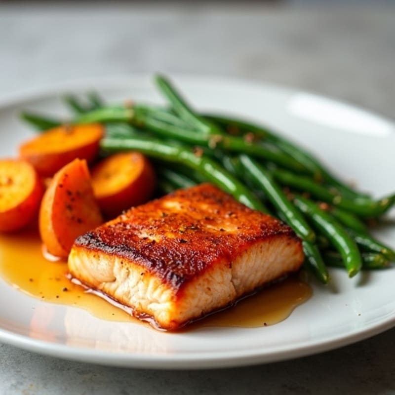 Crispy Maple-Glazed Salmon with Roasted Sweet Potatoes and Green Beans