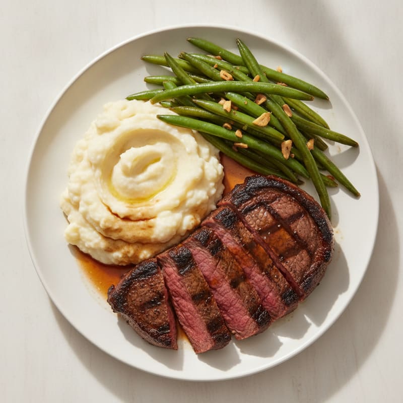 Seared Sirloin Steak with Garlic Green Beans and Mashed Cauliflower