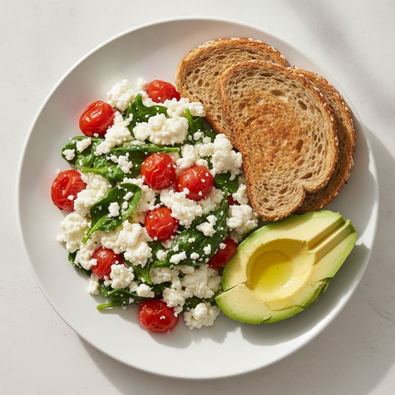 Cottage Cheese Egg White Scramble with Spinach and Cherry Tomatoes