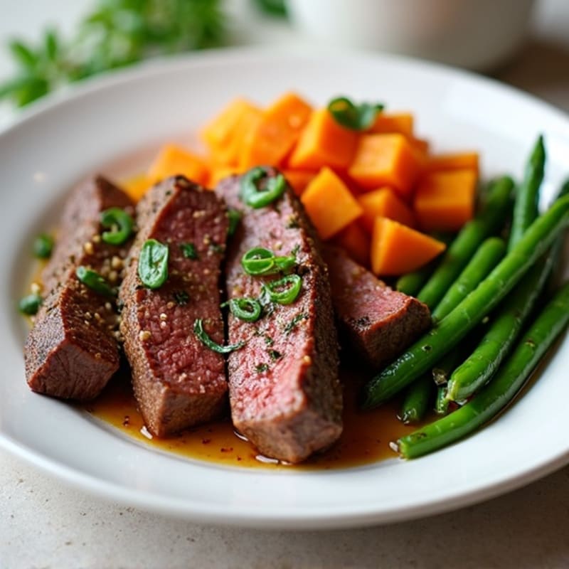 Seared Lean Beef Strips with Roasted Sweet Potato and Sautéed Green Beans