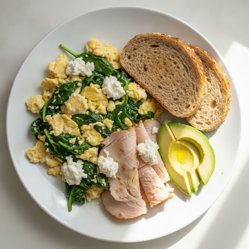 Egg White and Spinach Scramble with Cottage Cheese and Sliced Turkey