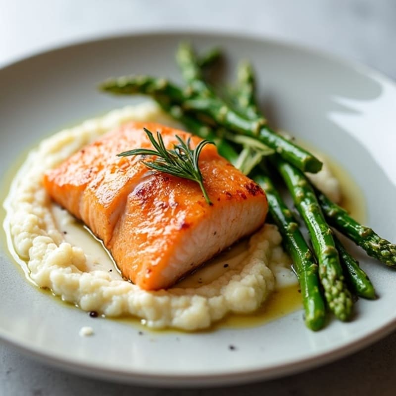 Seared Salmon Fillet with Roasted Asparagus and Cauliflower Mash