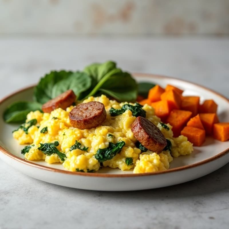 Egg White and Turkey Sausage Scramble with Spinach and Roasted Sweet Potato