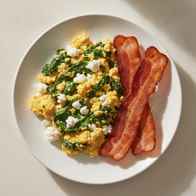 Cottage Cheese Egg Scramble with Spinach and Turkey Bacon