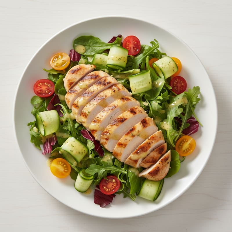 Grilled Chicken Breast Salad with Crunchy Cucumber and Lemon Vinaigrette