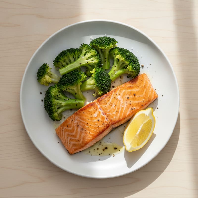 Seared Salmon with Steamed Broccoli and Lemon