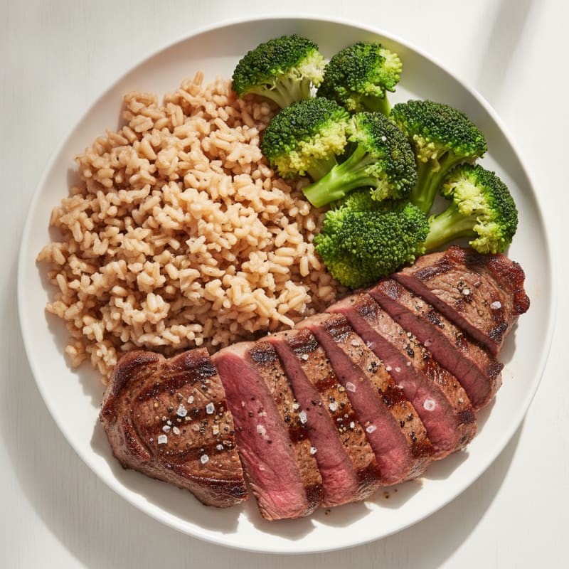 Grilled Steak with Brown Rice and Steamed Broccoli