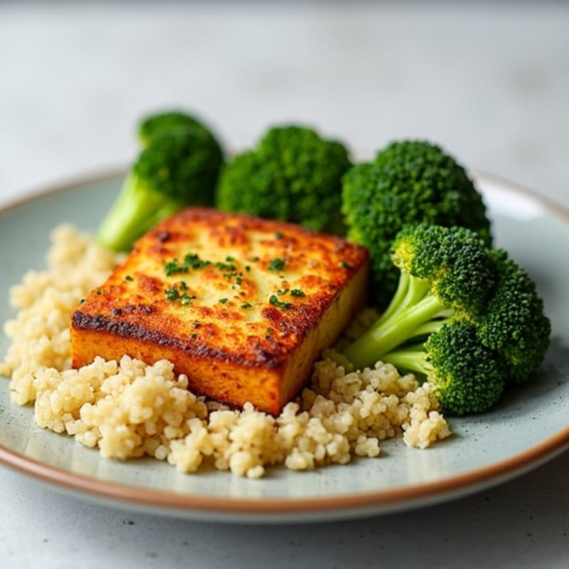 Crispy Baked Garlic-Herb Tofu with Roasted Broccoli and Fluffy Quinoa