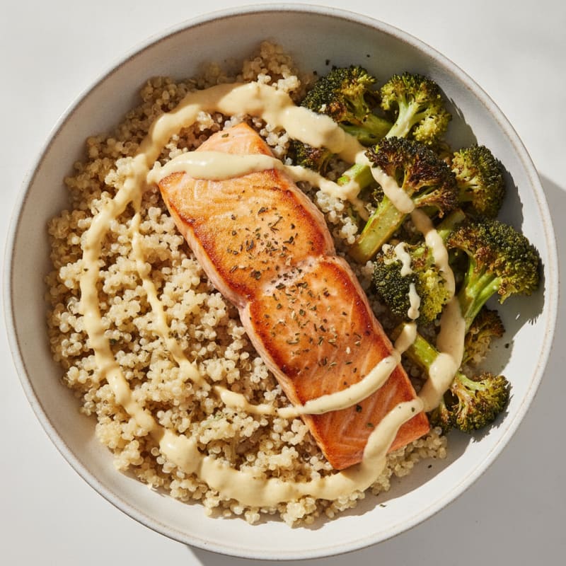Seared Salmon Quinoa Bowl with Roasted Broccoli and Lemon Tahini Drizzle