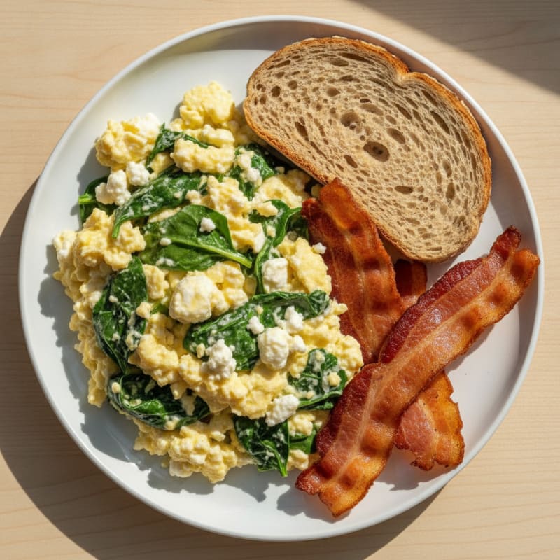 Cottage Cheese Scramble with Spinach and Turkey Bacon