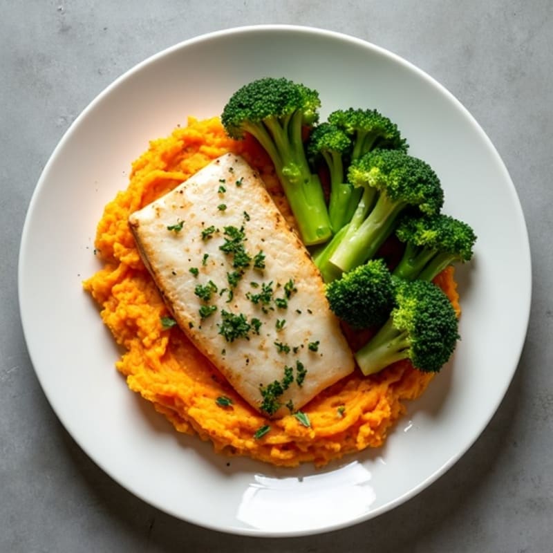 Baked White Fish with Herb Sweet Potato Mash and Sautéed Broccoli