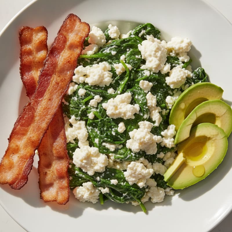 Egg White Spinach Scramble with Cottage Cheese and Turkey Bacon