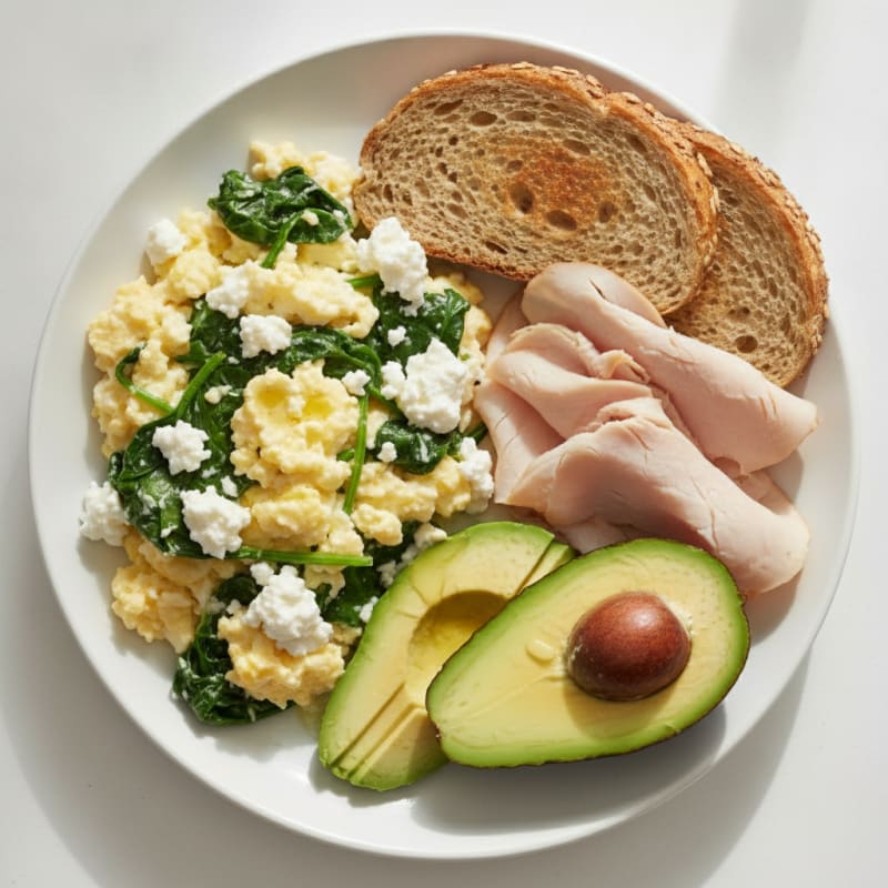 Egg White and Spinach Scramble with Cottage Cheese and Sliced Turkey