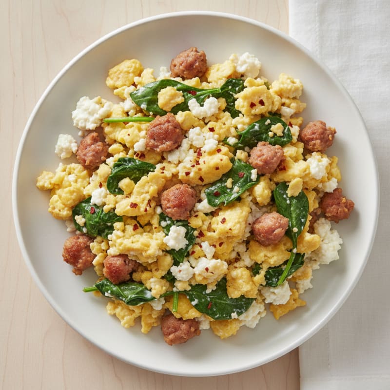 Cottage Cheese Scramble with Turkey Sausage and Spinach