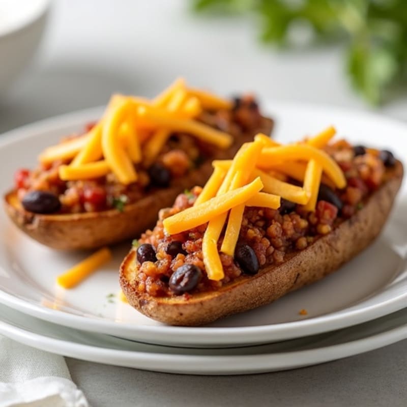 Crispy Baked Potato Skins with Lean Turkey Chili and Melted Cheddar