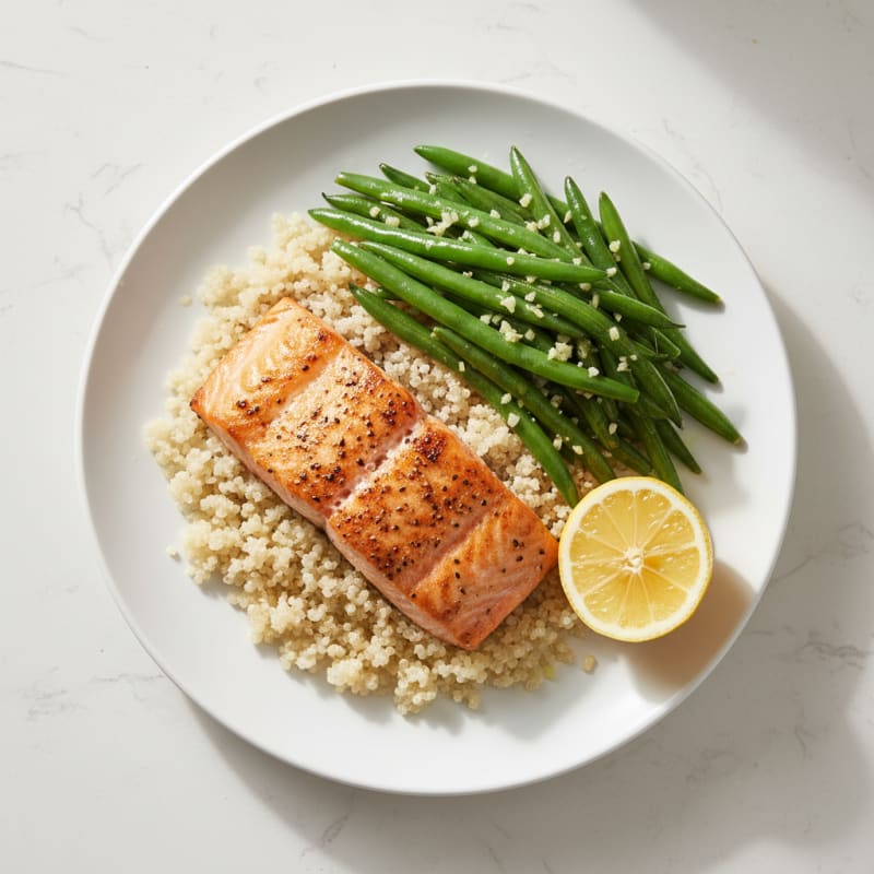 Baked Salmon with Garlic Green Beans and Quinoa