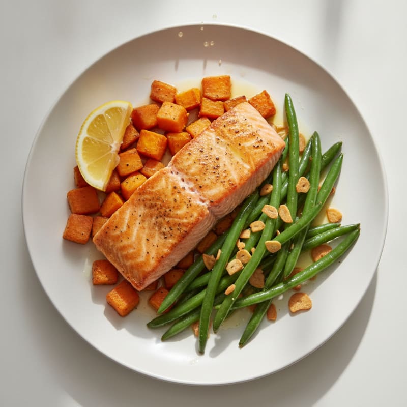 Seared Salmon Fillet with Roasted Sweet Potato and Garlic Green Beans